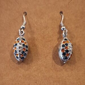 Rhinestone Football Dangle Earrings Orange Blue Silver Tone Game Day Sports